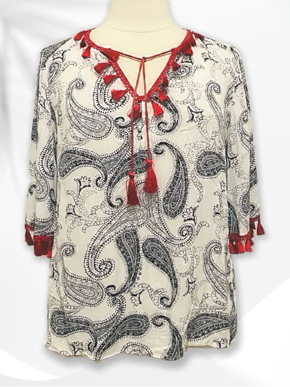 Chico’s Paisley Tie-Neck Tunic with Red Tassel Trim sz 2/L